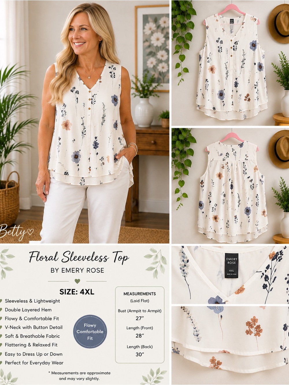 Emery Rose Cream Floral V-Neck Sleeveless Camisole